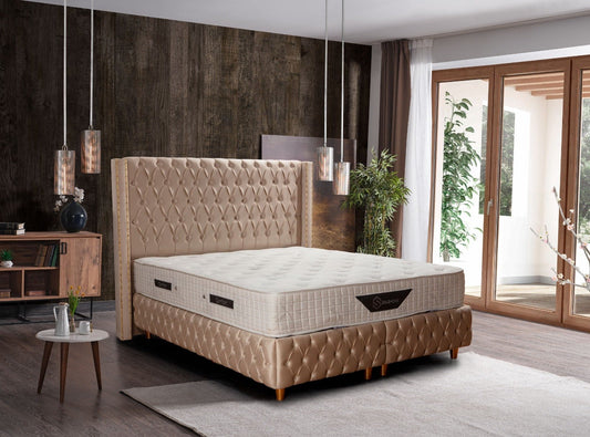 Beige Bed with 2 yopota & Vanity Mirror
