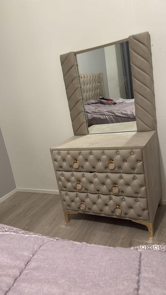 Beige Bed with 2 yopota & Vanity Mirror